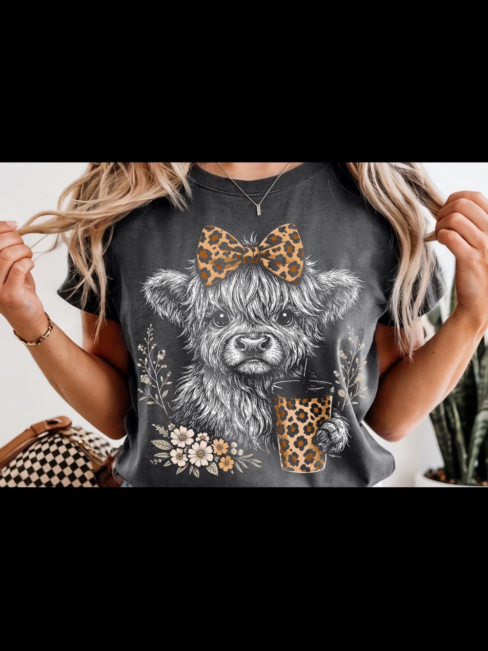 Gildan Black Tee with Leopard Bow & Cup Graphic